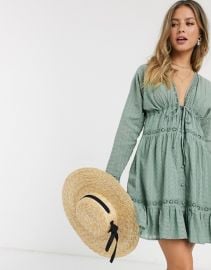 lace insert button through mini smock dress in khaki at ASOS