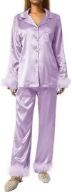 lisenraIn Women Christmas Pajama Set with Fur Long Sleeve Button Down Feather Trim Pjs 2 Piece Sleepwear Loungewear Set at Womens Clothing store at Amazon