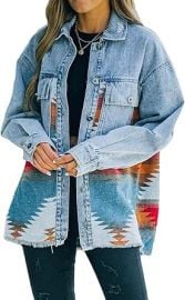loveimgs Women's Casual Aztec Button Down Denim Jacket Oversized Distressed Shirt Shacket at Amazon