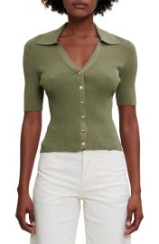 maje Mimosally Rib Short Sleeve Button-Up Sweater in Khaki at Nordstrom