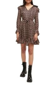 maje Rinette Metallic Thread Logo Print Long Sleeve Silk Blend Dress at Nordstrom