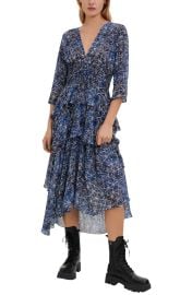 maje Rufflani Ruffle Long Sleeve Midi Dress in Indigo at Nordstrom  at Nordstrom