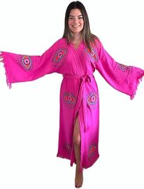 muslin babies muslinbabies Handmade Evil Eye Kimono - Fuchsia Festival Women Clothing - Bohemian Robe - Boho Cotton Cardigan - Dressing Gown at Womens Clothing store at Amazon