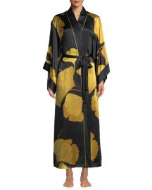 natori Long Ginkgo Leaf-Print Silk Drop-Sleeve Robe at Bergdorf Goodman