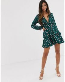 plunge front skater dress in contrast polka print at Asos