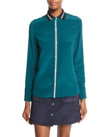 rag   bone JEAN Nico Long-Sleeve Tipped Silk Blouse  Teal at Neiman Marcus