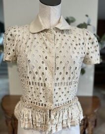 red valentino Women 4 beige gold metallic snap front peplum short sleeve top M1 eBay at eBay