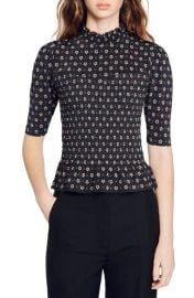 sandro Drouot Print Smocked Mock Neck Top at Nordstrom