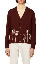 sandro Wheat Embroidered Wool Blend Cardigan in Navy Blue  at Nordstrom