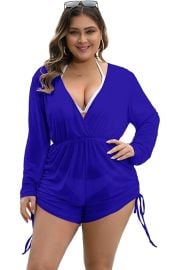 seamoly Womenx27s Plus Size Swimsuit Mesh Cover Up Romper Deep V Neck Long Sleeve Coverup Romper One Piece at Womens Clothing store at Amazon