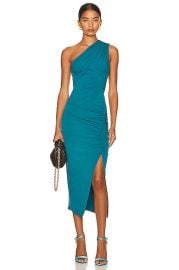 self-portrait Jersey One Shoulder Ruched Midi Dress in Dark Green FWRD at Forward