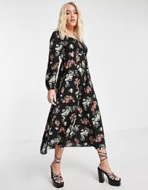 square ruched neck midi dress in black floral print at ASOS