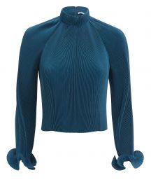 tibi TEAL PLEATED CROP TOP at Intermix