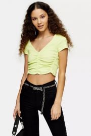 topshop Fluorescent Yellow Ruched V Neck Top at Topshop