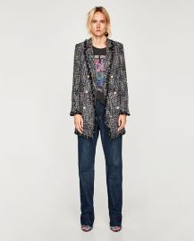 tweed jacket with faux pearl button at Zara