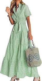 utcoco Womens Casual Short Sleeve Button Down Tie Waist Ruffled Striped Maxi Shirt Dress at Amazon