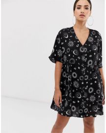 v neck button through mini smock dress in zodiac print by ASOS at ASOS