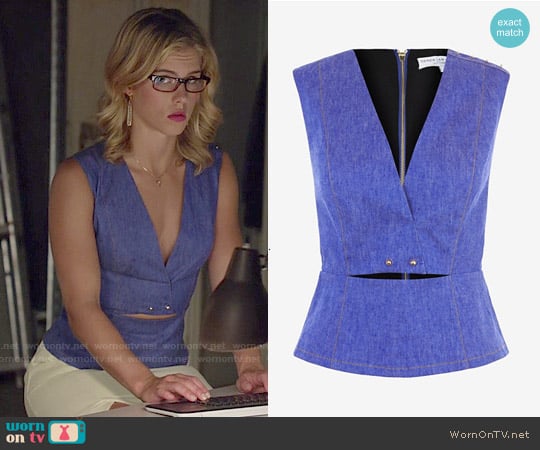 10 Crosby by Derek Lam Studded Denim Top worn by Felicity Smoak (Emily Bett Rickards) on Arrow