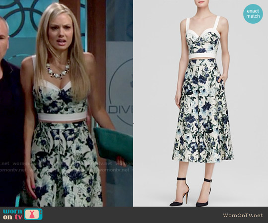 ABS by Allen Schwartz Floral Print Bustier Top and Midi Skirt worn by Abby Newman (Melissa Ordway) on The Young and the Restless