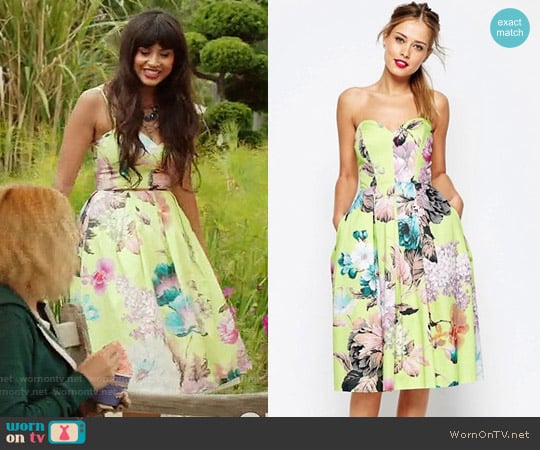 ASOS SALON Lime Floral Bandeau Midi Prom Dress worn by Tahani Al-Jamil (Jameela Jamil) on The Good Place