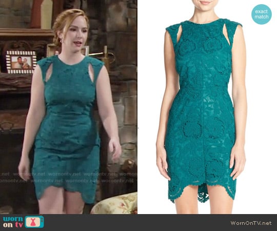 Adelyn Rae Cutout Shoulder Lace Sheath Dress worn by Mariah Copeland (Camryn Grimes) on The Young and the Restless