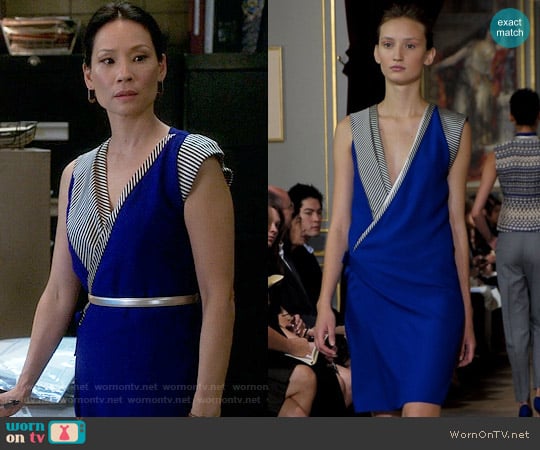 Bouchra Jarrar Blue Striped Wrap Dress worn by Joan Watson (Lucy Liu) on Elementary