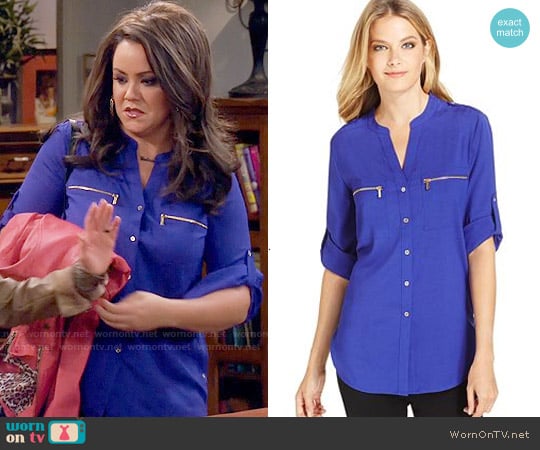 Calvin Klein Roll-Tab-Sleeve Zip-Pocket Blouse in Byzantine worn by Victoria Flynn (Katy Mixon) on Mike & Molly