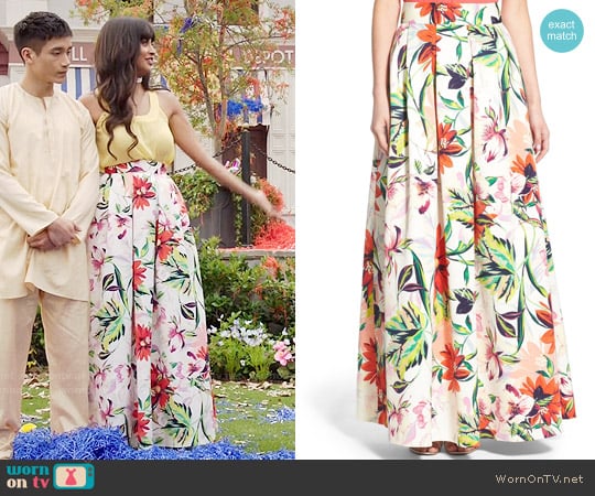 Eliza J Floral Print Faille Ball Skirt worn by Tahani Al-Jamil (Jameela Jamil) on The Good Place