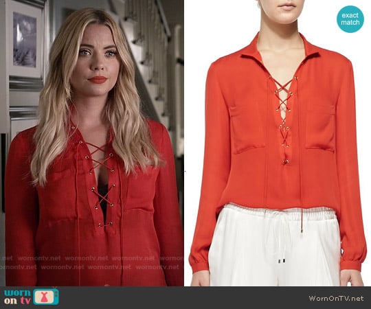 Haute Hippie Silk Lace-up Neck Blouse worn by Hanna Marin (Ashley Benson) on Pretty Little Liars