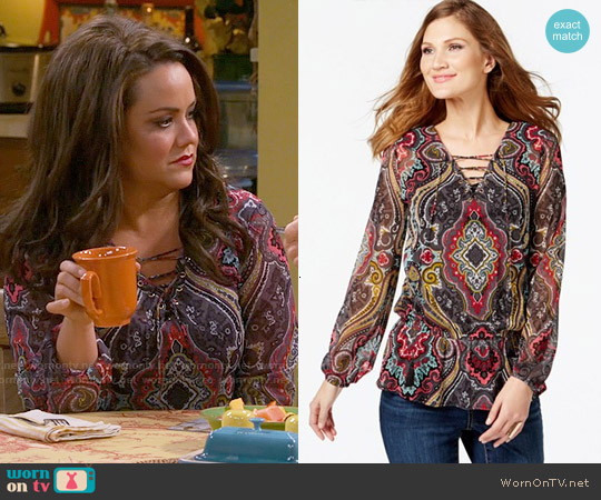 INC International Concepts Printed Lace-Up Peasant Top worn by Victoria Flynn (Katy Mixon) on Mike & Molly