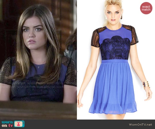 MADE Fashion Week for Impulse Short-Sleeve High-Neck Lace-Inset Dress worn by Aria Montgomery (Lucy Hale) on Pretty Little Liars