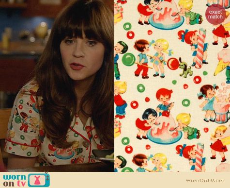 Michael Miller Retro Candy Shop Cream Fabric Pajamas worn by Zooey Deschanel on New Girl