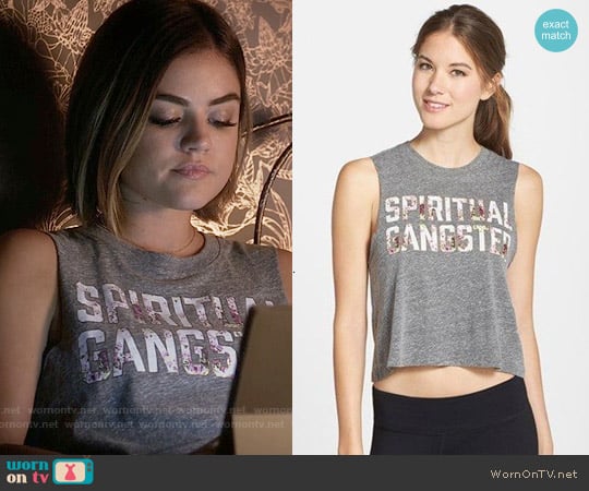 Spiritual Gangster Summer Floral Print Swing Crop Tank worn by Aria Montgomery (Lucy Hale) on Pretty Little Liars