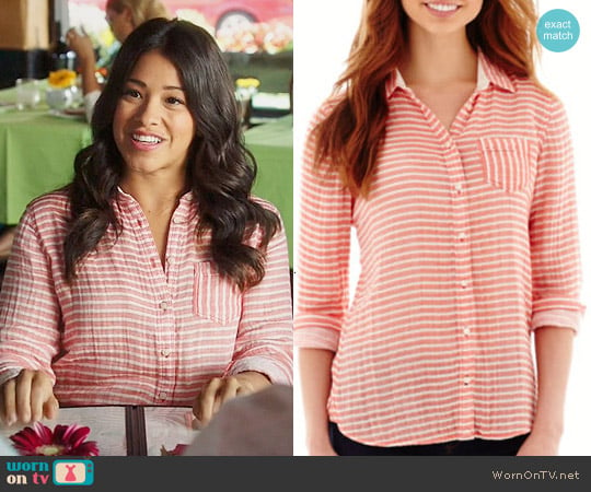 Stylus Relaxed Fit Button Front Shirt in Grenadine Stripe worn by Jane Villanueva (Gina Rodriguez) on Jane the Virgin