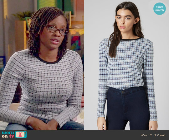 Topshop Mini Houndstooth Long Sleeve Top worn by Iris Watkins (Sharon Pierre-Louis) on Switched at Birth