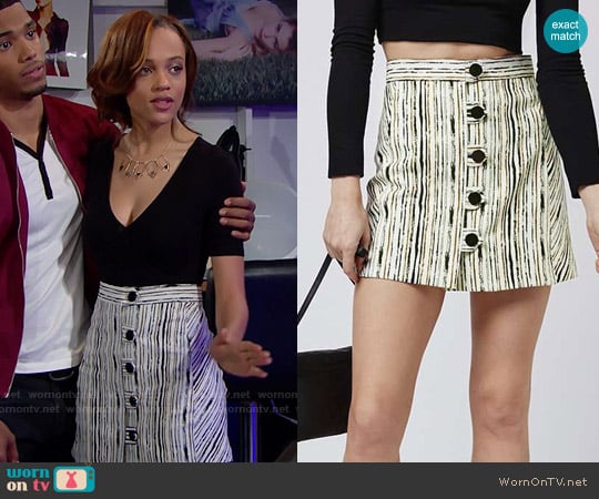 Topshop Scratch Stripe Button A-Line Skirt by worn by Nicole Avant (Reign Edwards) on The Bold and the Beautiful