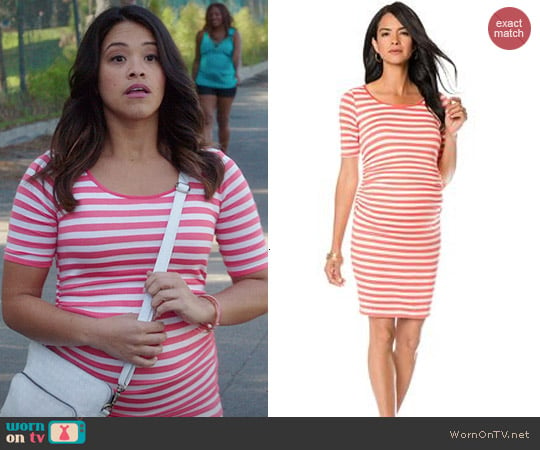 A Pea in the Pod Short Sleeve Striped Sheath Dress worn by Jane Villanueva (Gina Rodriguez) on Jane the Virgin