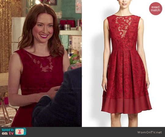 ABS Flared Lace Overlay Dress worn by Kimmy Schmidt (Ellie Kemper) on Unbreakable Kimmy Schmidt