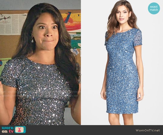 Adrianna Papell Sequin Mesh Sheath Dress worn by Jane Villanueva (Gina Rodriguez) on Jane the Virgin