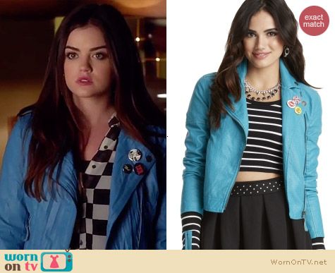 Aeropostale Blue Leather Jacket worn by Lucy Hale on PLL