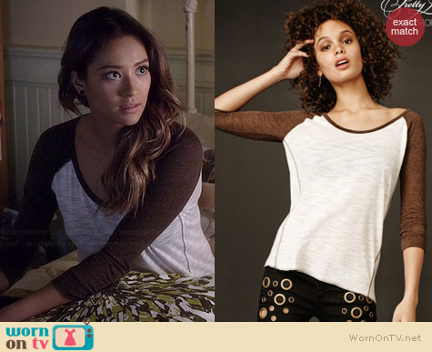 Aeropostale PLL Emily Shredded Raglan Tee worn by Shay Mitchell on PLL