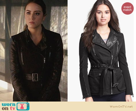 Agents of SHIELD Fashion: BCBGMAXAZRIA Leather Trim Asymmetric Jacket worn by Chloe Bennett