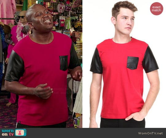 Akademiks Cooper Faux Leather Sleeve Tee worn by Titus (Tituss Burgess) on Unbreakable Kimmy Schmidt