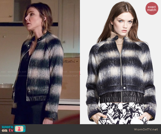 ALC 'Vandross' Leather Trim Plaid Mohair Blend Bomber Jacket worn by Ellie Torres (Christa Miller) on Cougar Town