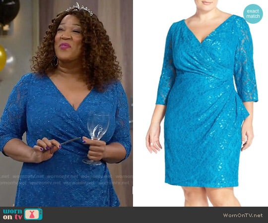 Alex Evenings Faux Wrap Lace Sheath Dress worn by Yolanda (Kym Whitley) on Young and Hungry