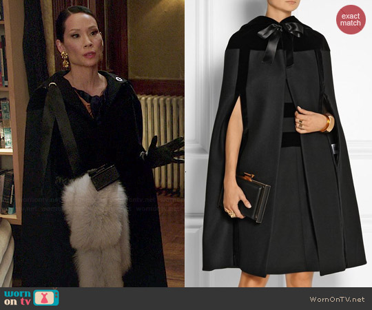 Alexander McQueen Hooded Velvet-Trimmed Wool Cape worn by Lucy Liu on Elementary