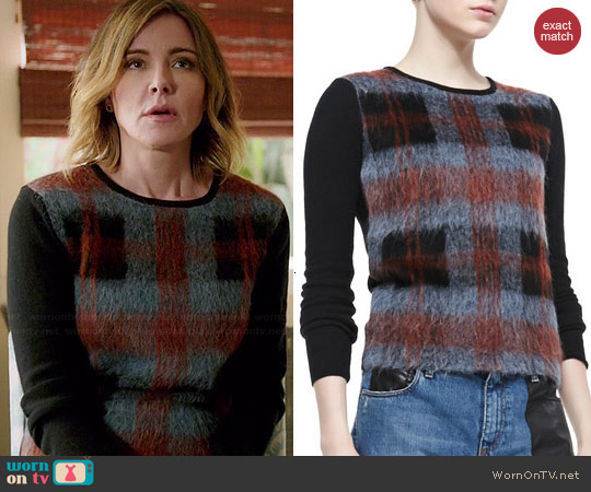 Alexander McQueen Mohair Plaid-Front Crewneck Sweater worn by Ellie Torres (Christa Miller) on Cougar Town