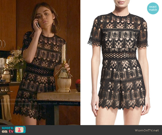 Alexis Alexandria Short-Sleeve Lace Romper worn by Aria Montgomery (Lucy Hale) on Pretty Little Liars