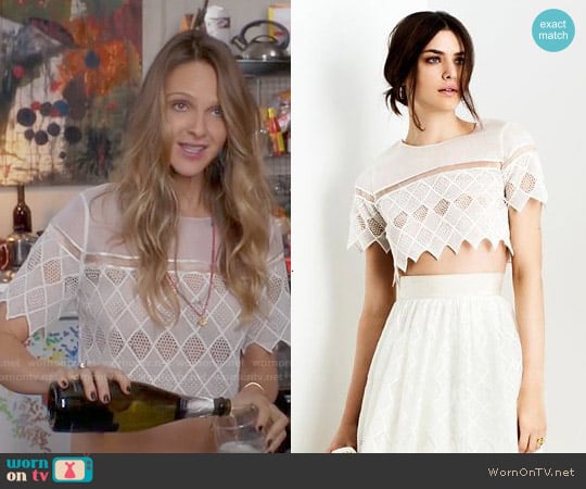 Alexis Diamond Crochet Crop Top worn by Phoebe Wells (Beau Garrett) on Girlfriends Guide to Divorce