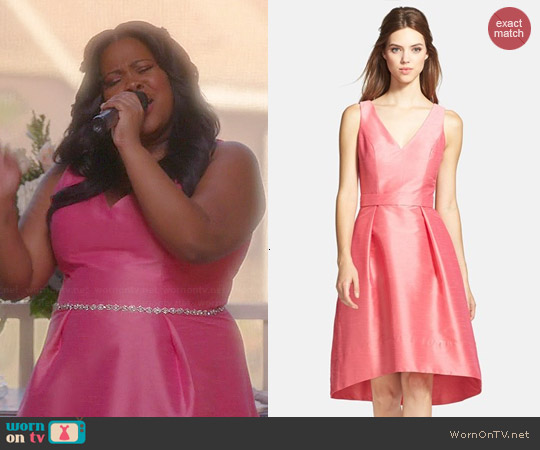 Alfred Sung V-neck High Low Dress in Papaya worn by Amber Riley on Glee